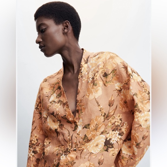 MNG Linen Blouse Women’s Sz 6 Floral Button Up Fall Nude Floral Oversized Sz 6 - Picture 11 of 11